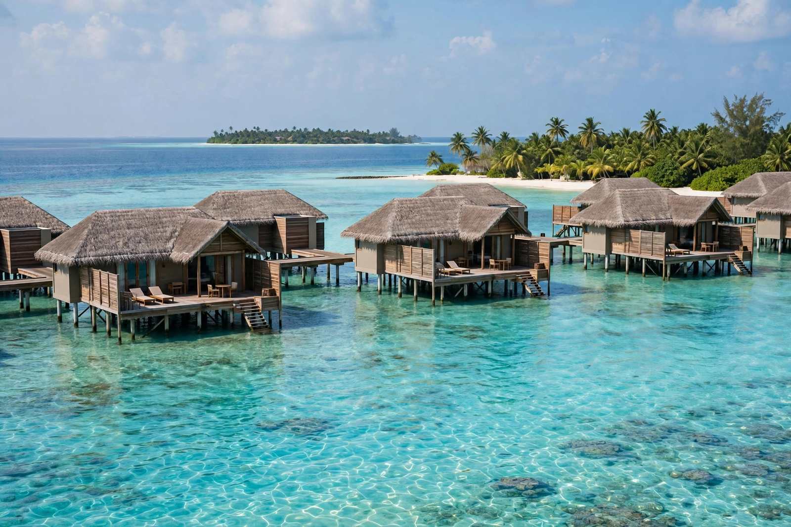 Overwater villas above a clear turquoise lagoon in the Maldives