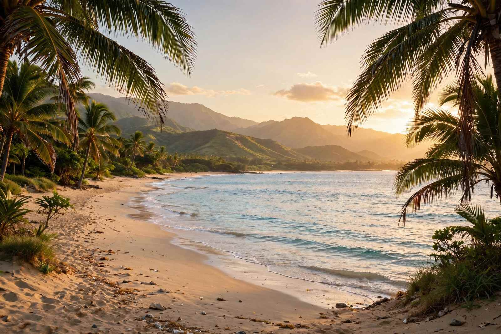 Palm-fringed sandy beach on Maui with gentle waves at golden hour
