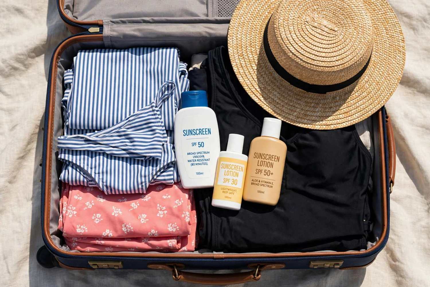 Open suitcase packed with swimwear, sunscreen and a sun hat for a beach trip
