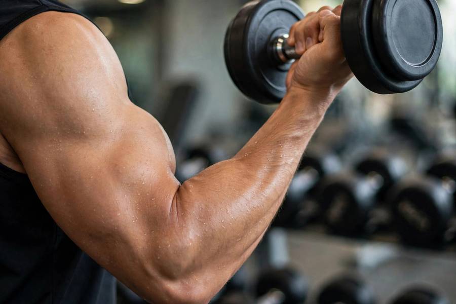 Close-up of bicep peak during a dumbbell curl