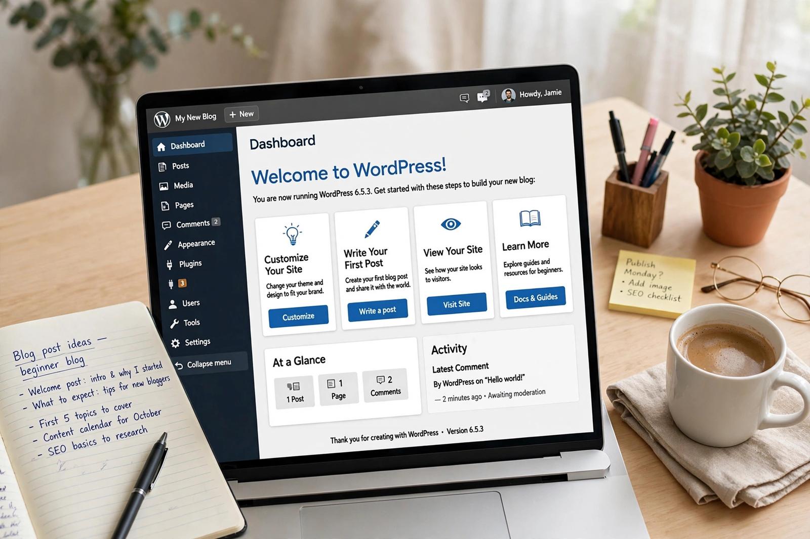 WordPress dashboard view for a new beginner blog