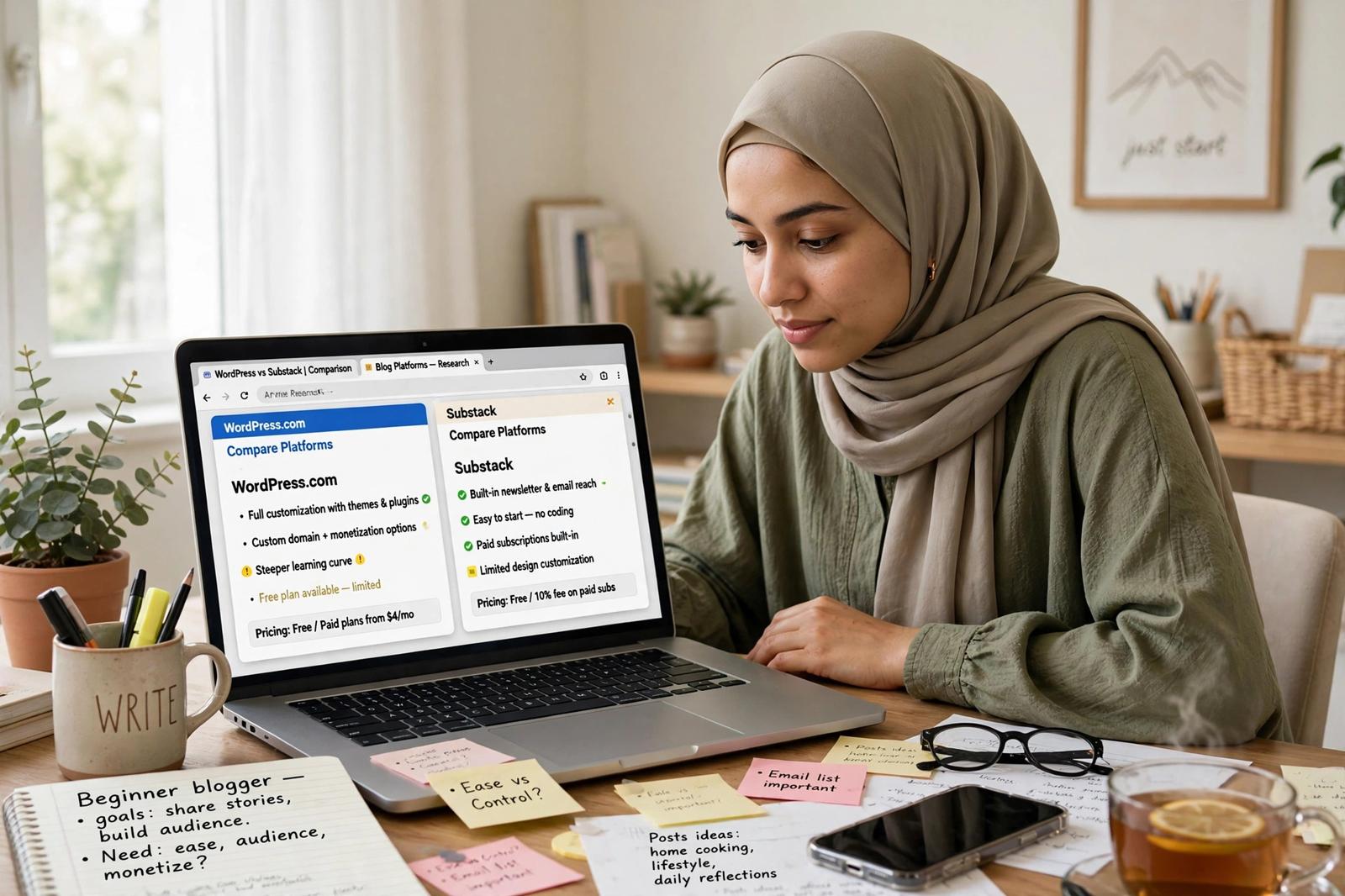 Beginner blogger choosing between blogging platform options