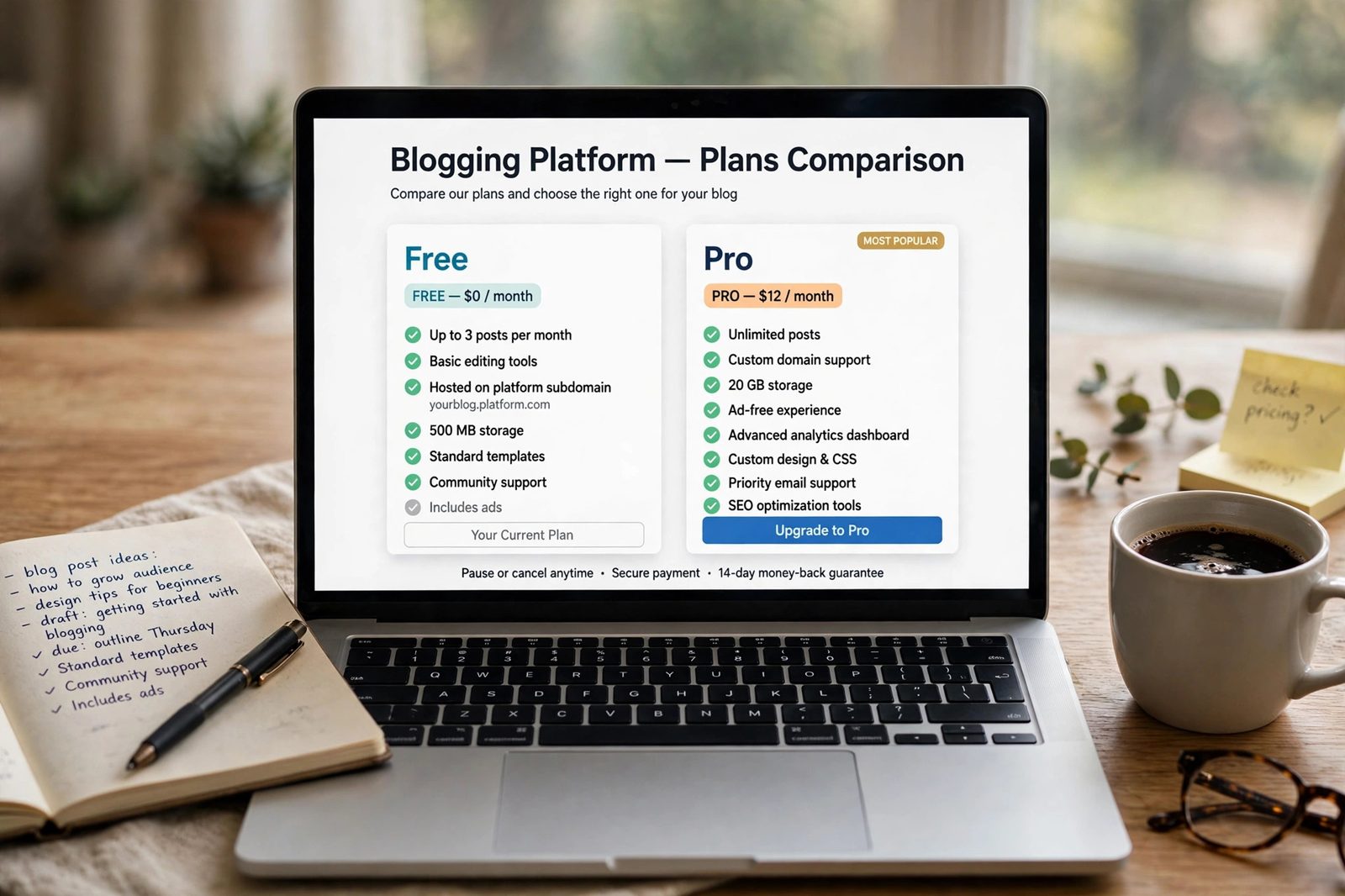 Free versus paid blogging platform plans compared side by side