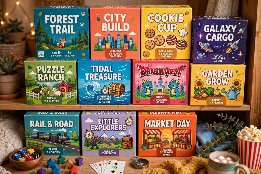 Board game collection with colorful boxes for family game night