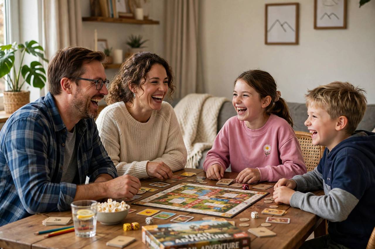 Family playing board games together around a living room table laughing