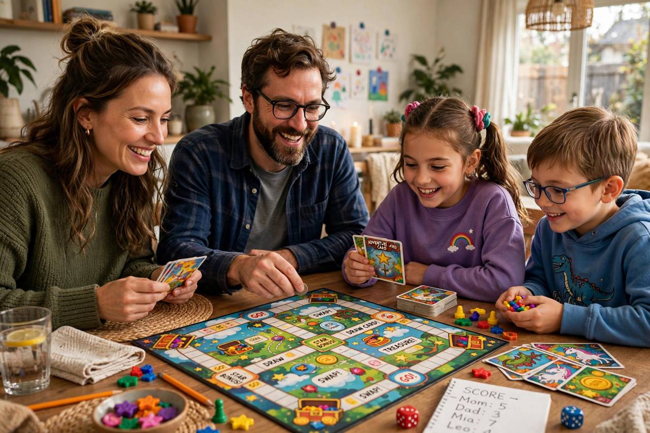 Kids and parents playing a colorful board game with cards and tokens