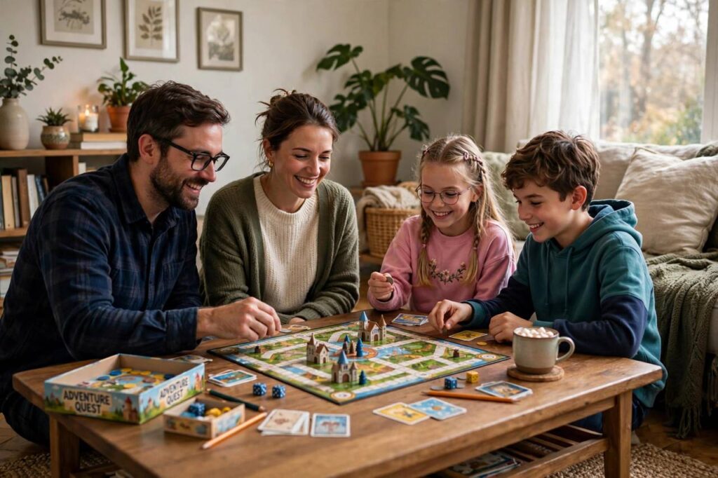 Family playing board games together in living room