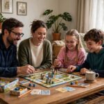 Family playing board games together in living room