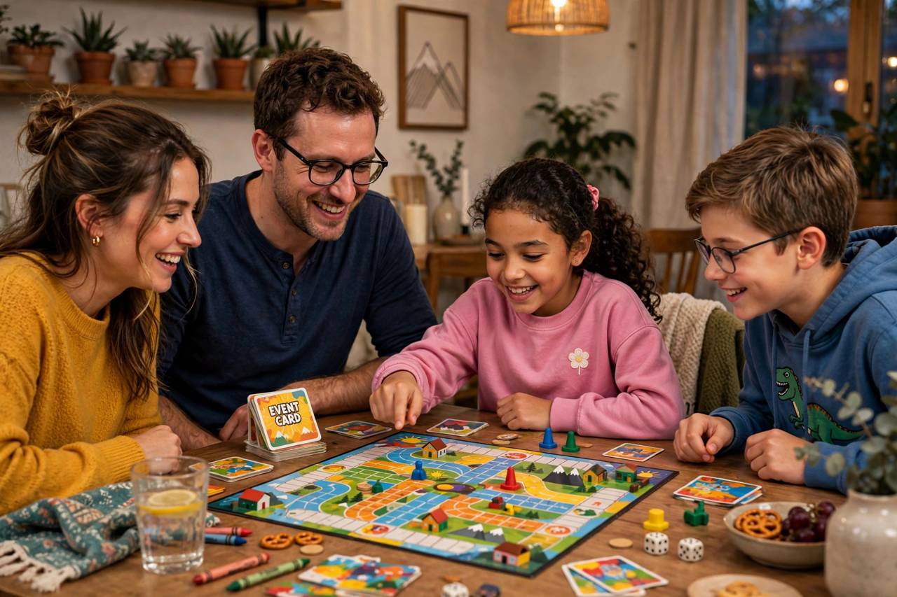 Family gathered around table playing a colorful board game