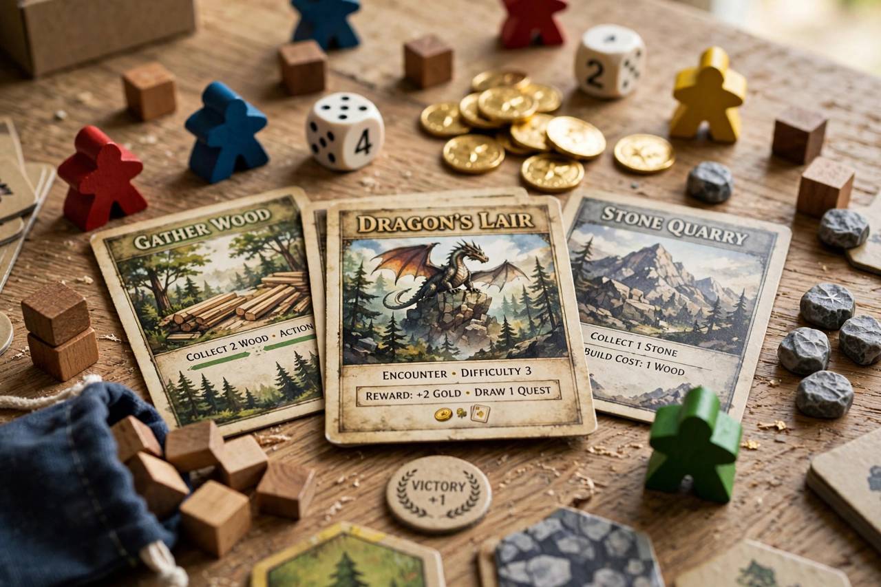 Close-up of board game pieces and cards on a table