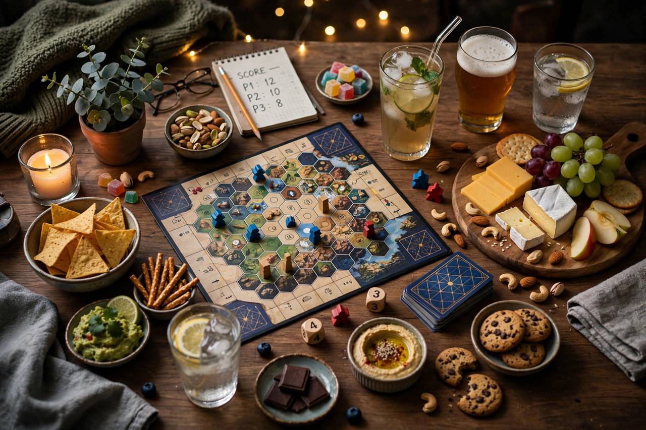 Board game night spread with snacks and drinks