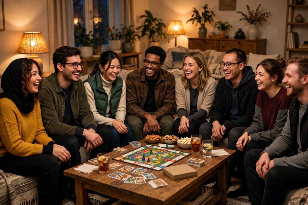 Large group of friends around a living room table playing a party board game, laughing
