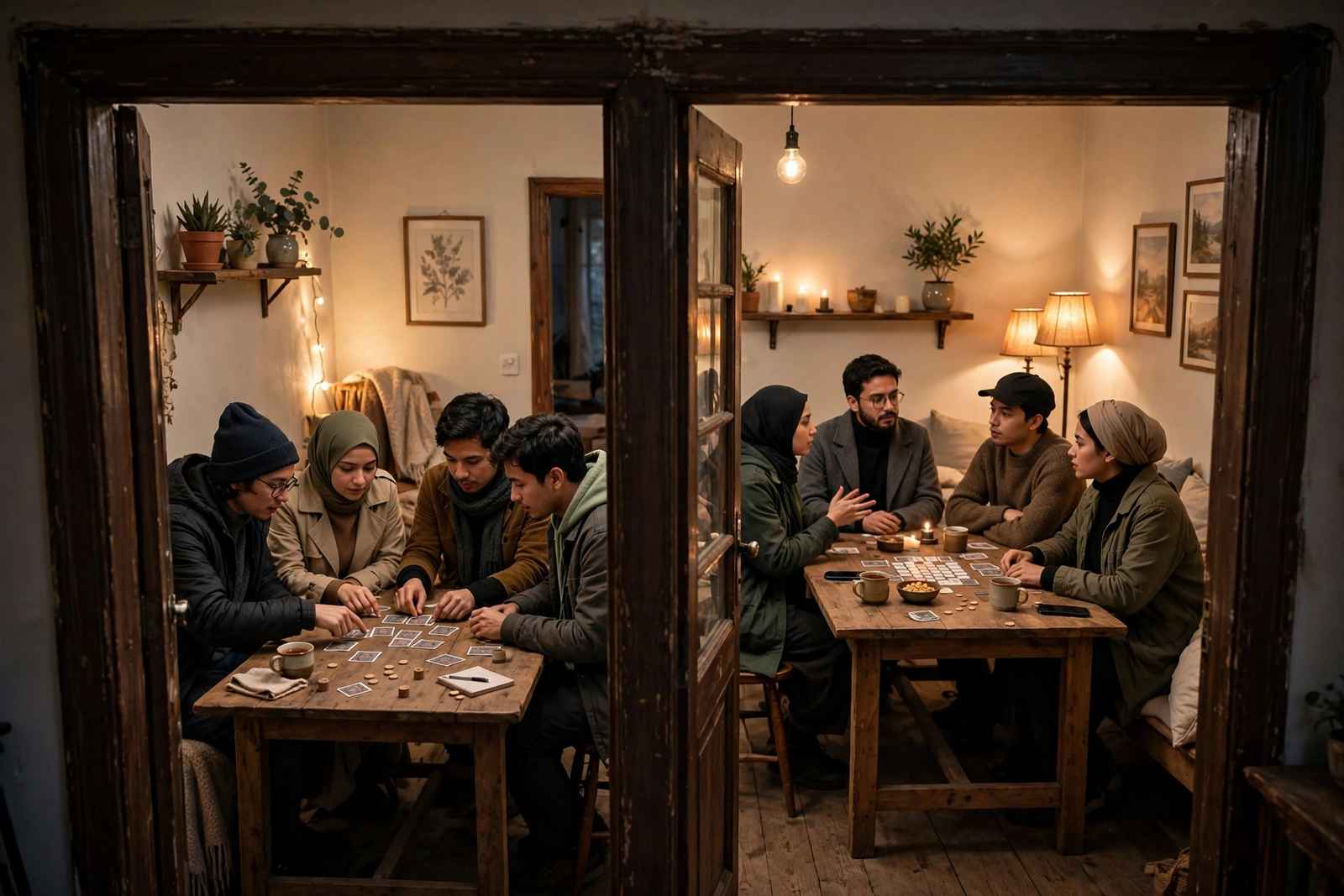 Two groups of people in separate rooms playing a social deduction game, one group strategizing