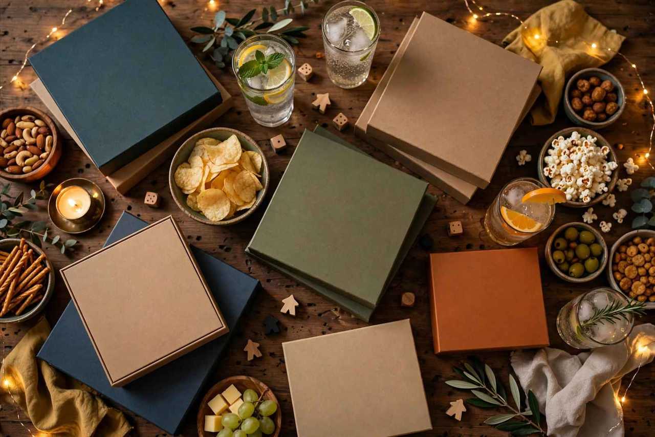 Overhead shot of a party table covered with board games, snacks, and drinks for a large group