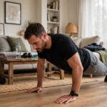 Man doing push-ups on a living room floor during home workout