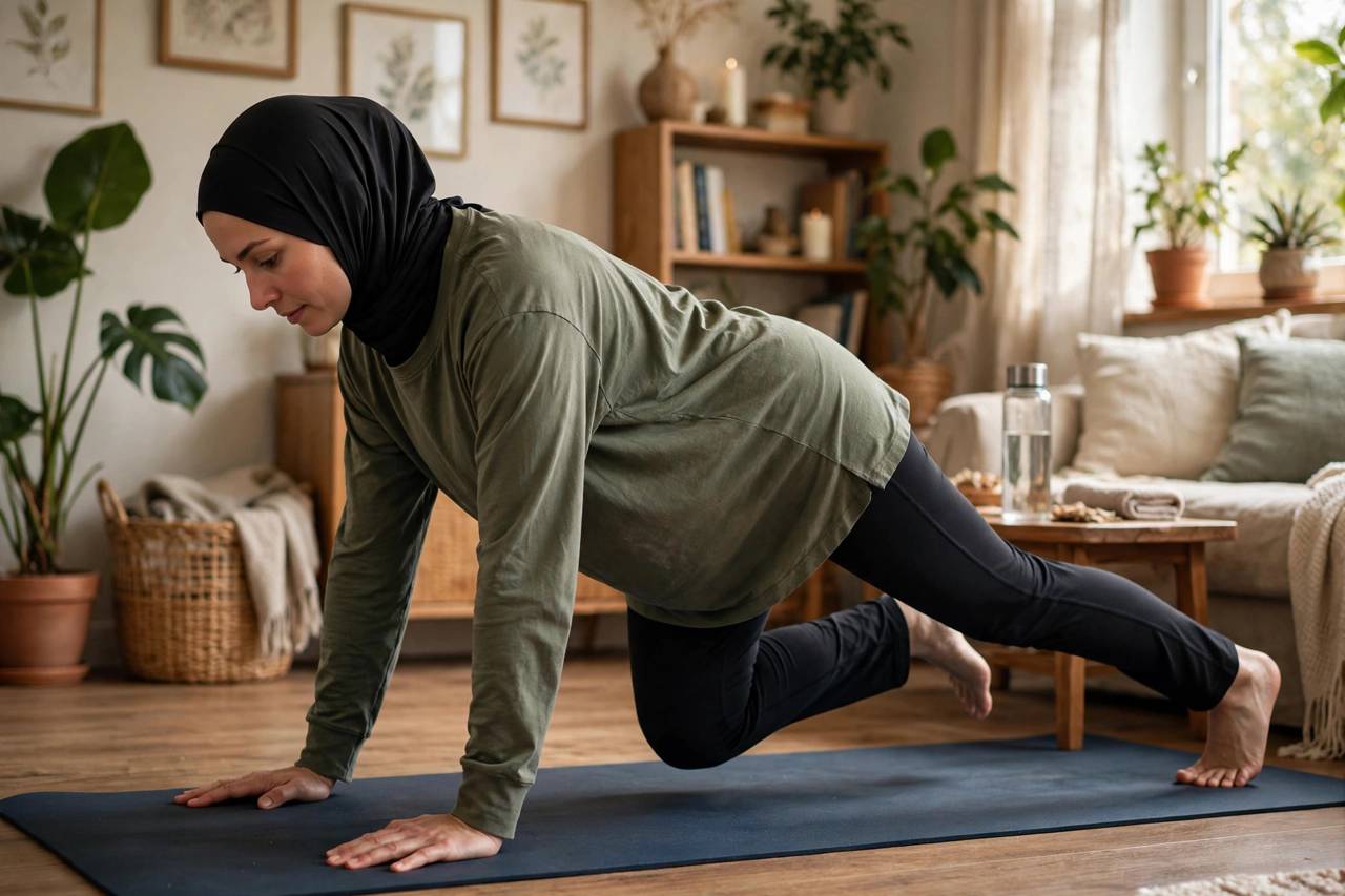 Woman performing bodyweight squats in a home living space
