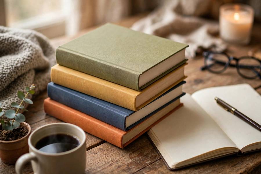 Stack of comedy writing books on wooden desk with notebook