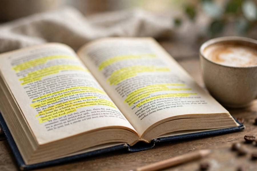 Open comedy writing book with highlighted passages and coffee