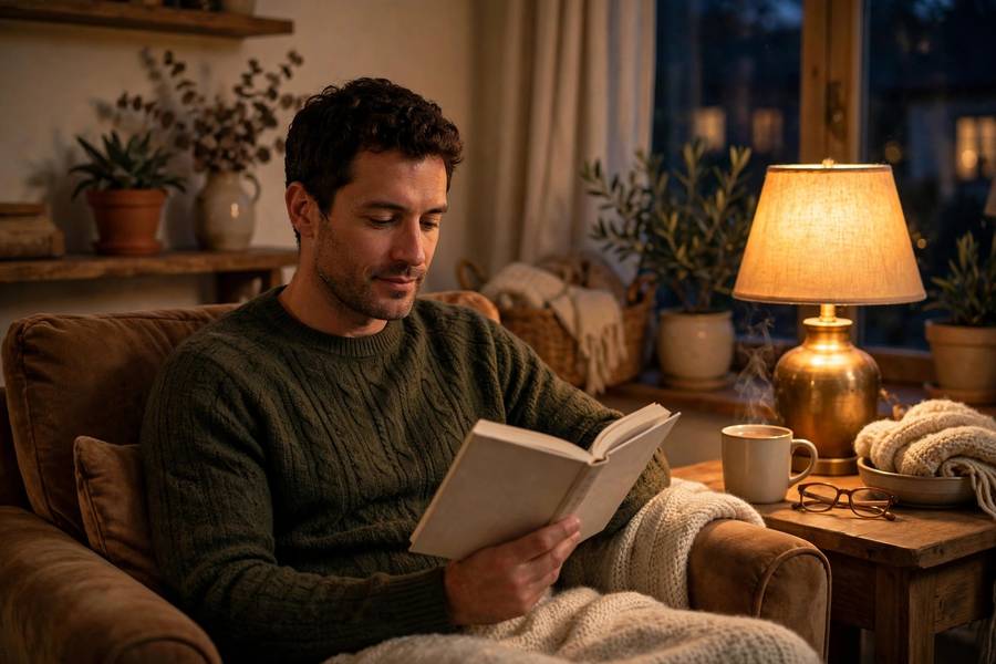 Person reading comedy book in cozy armchair with warm lamp light