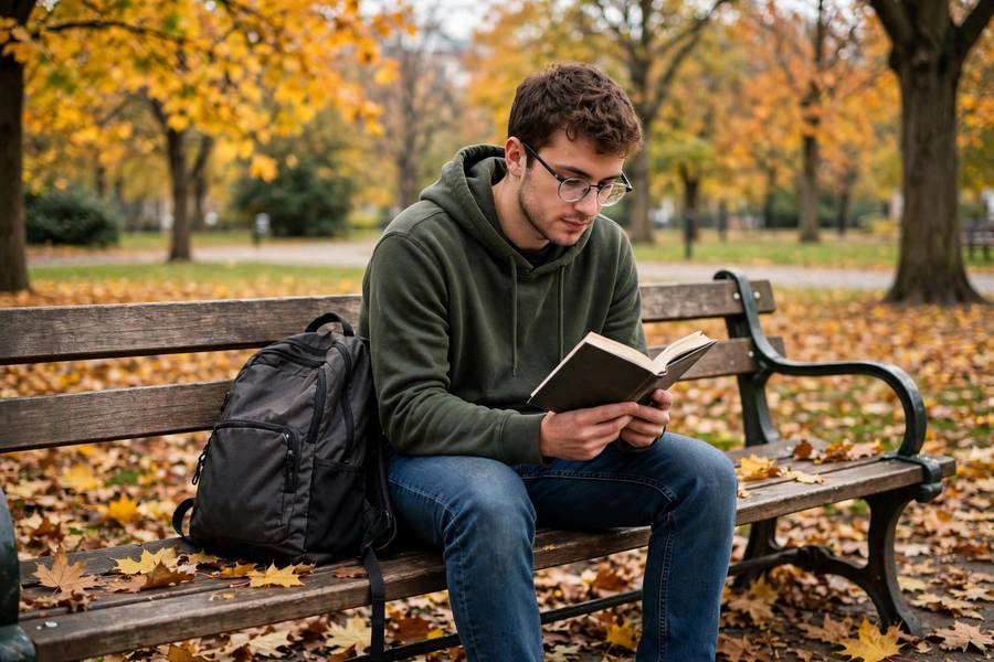 Student reading a novel outdoors on campus
