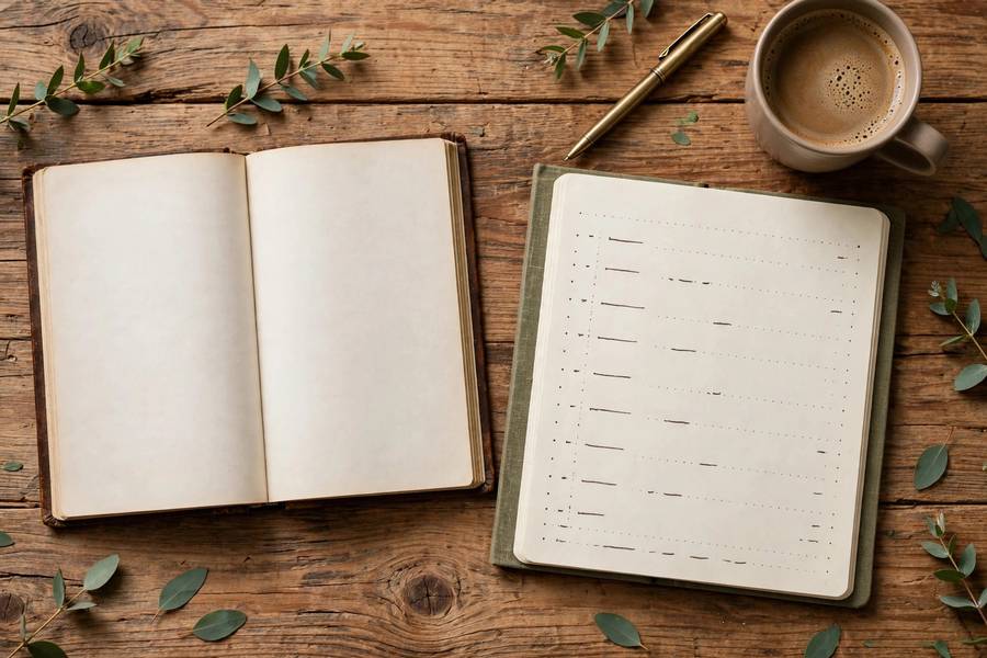 Reading journal with chapter summaries beside open book