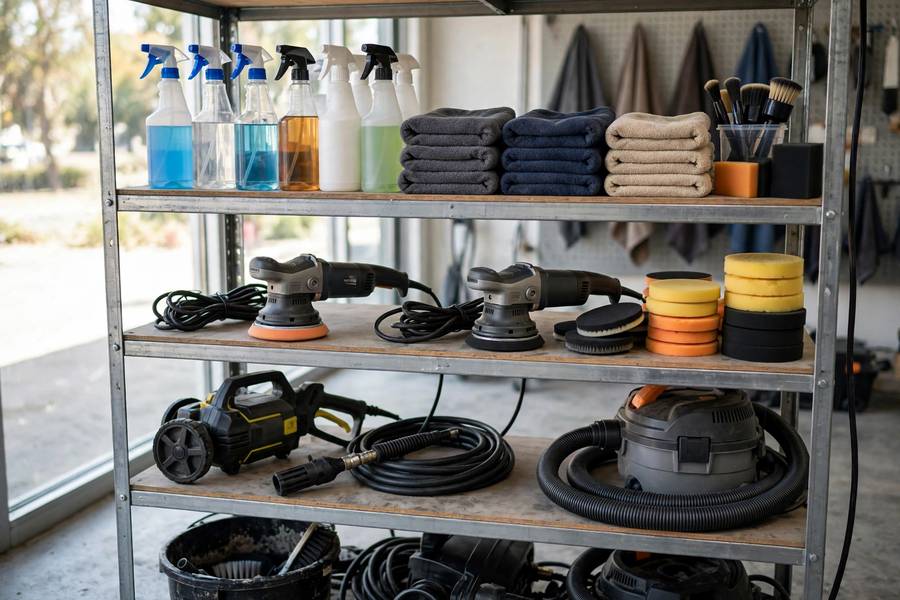 Best car detailing equipment for startups organized on workshop shelves