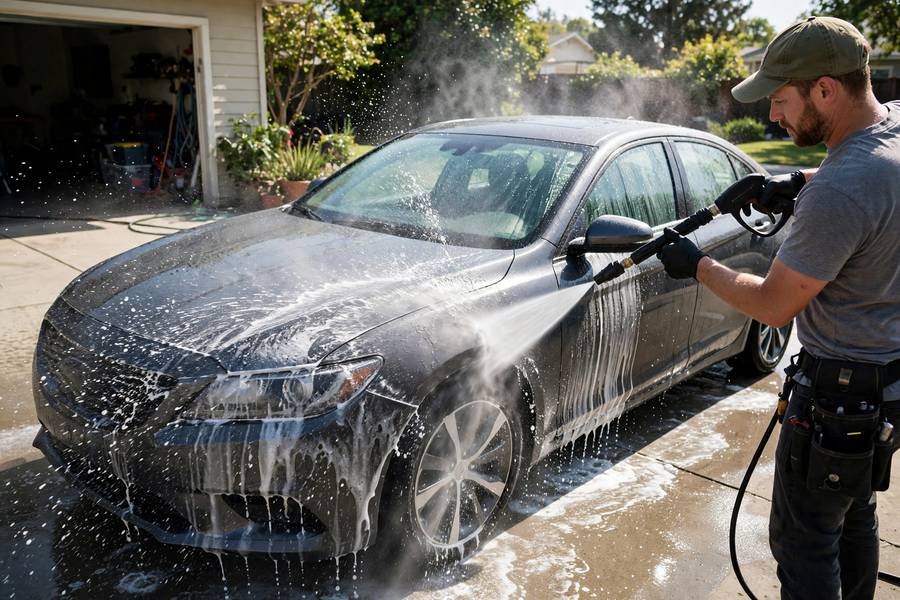 Pressure washer and foam cannon wash setup for best car detailing equipment for startups