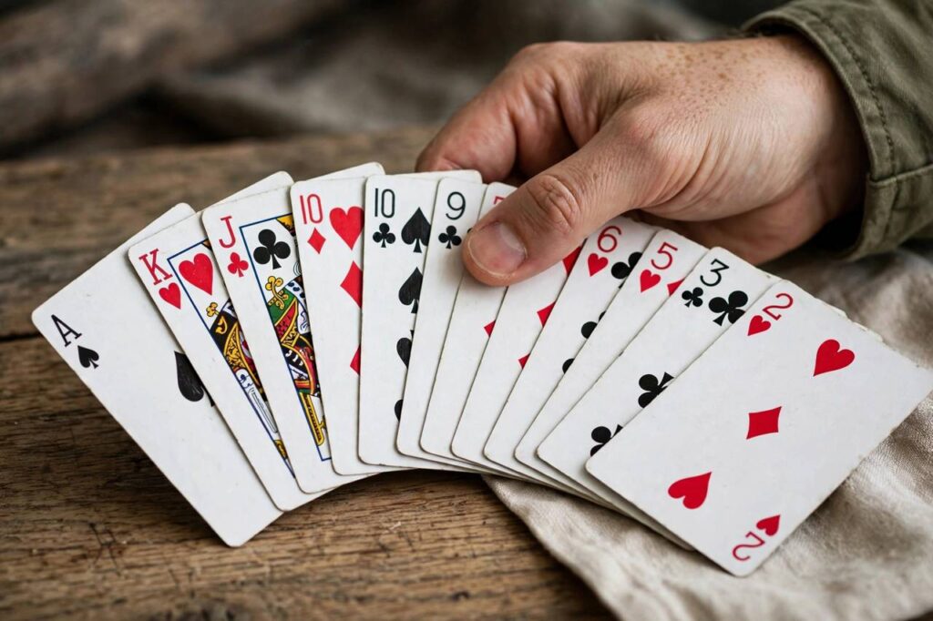 Hand of playing cards fanned out on a table