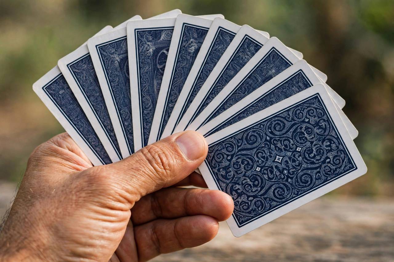 Close-up of playing cards fanned out in a hand