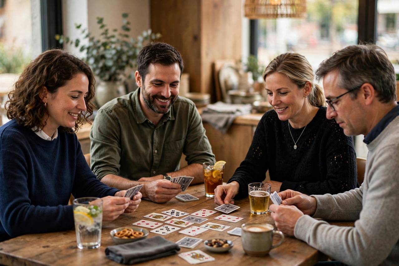 Adults playing card games around a table with drinks