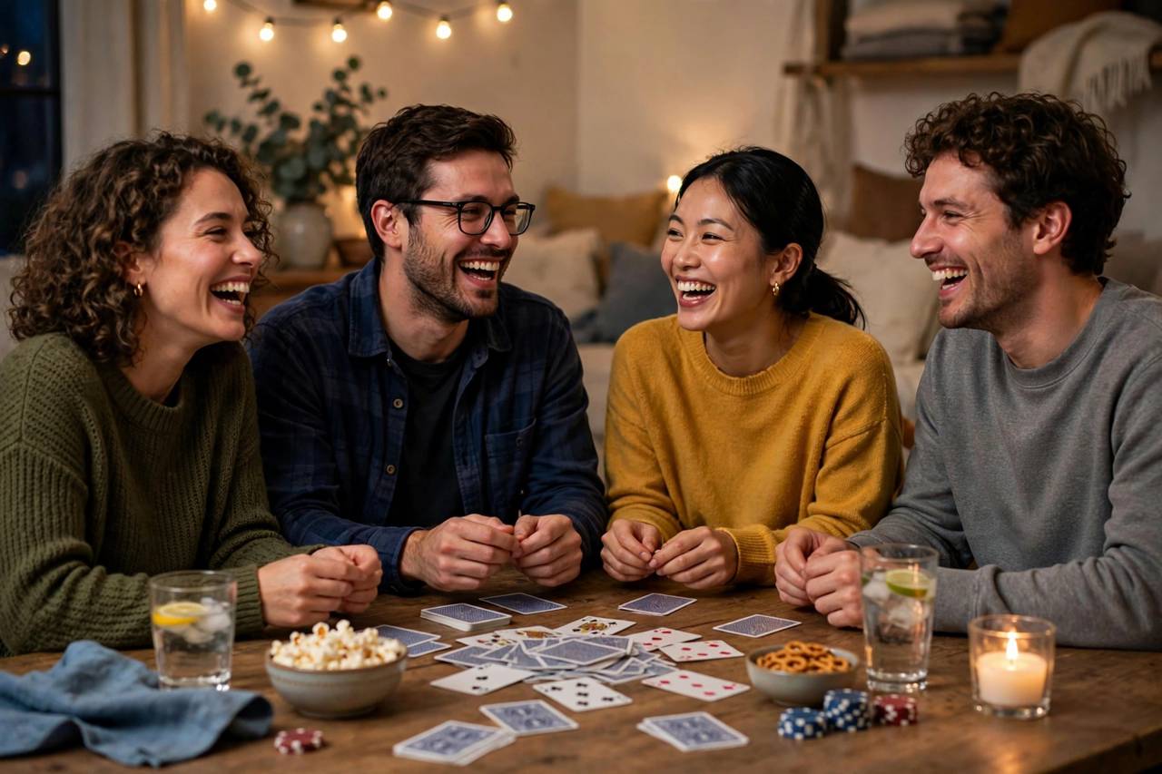 Group of friends laughing during a card game night