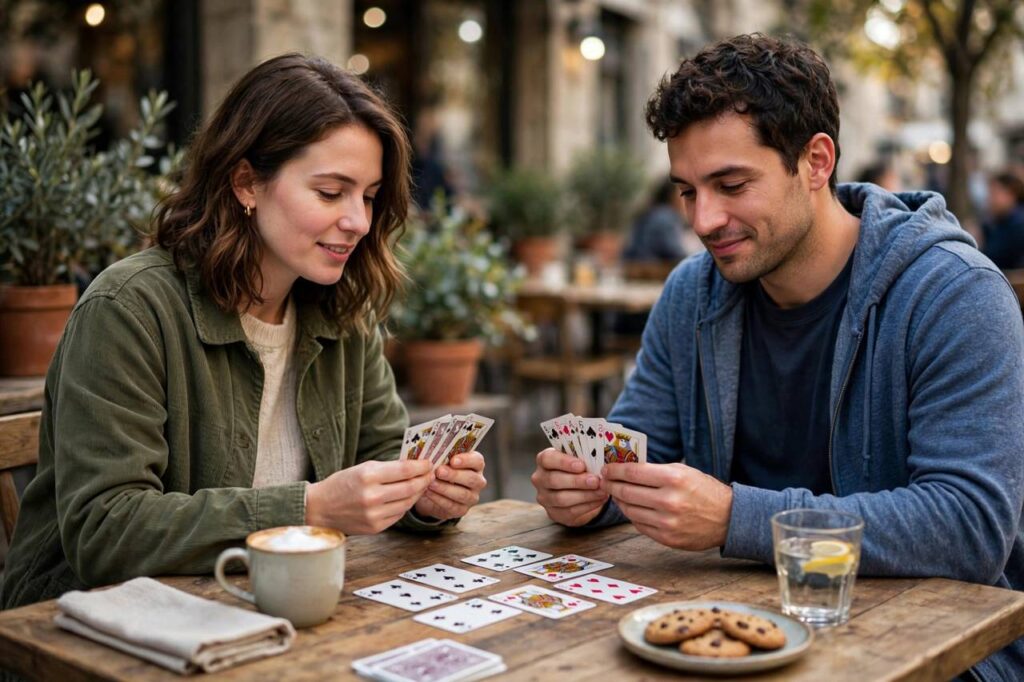 Two friends playing cards at a cafe table
