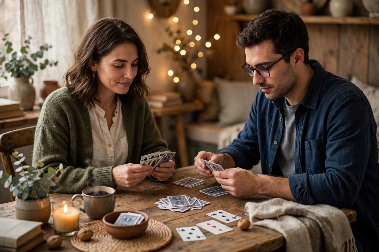 Two people playing a card game at a cozy table