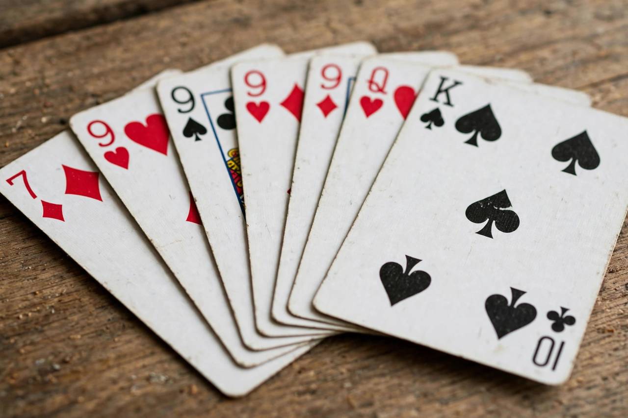 Close-up of playing cards fanned out on a table