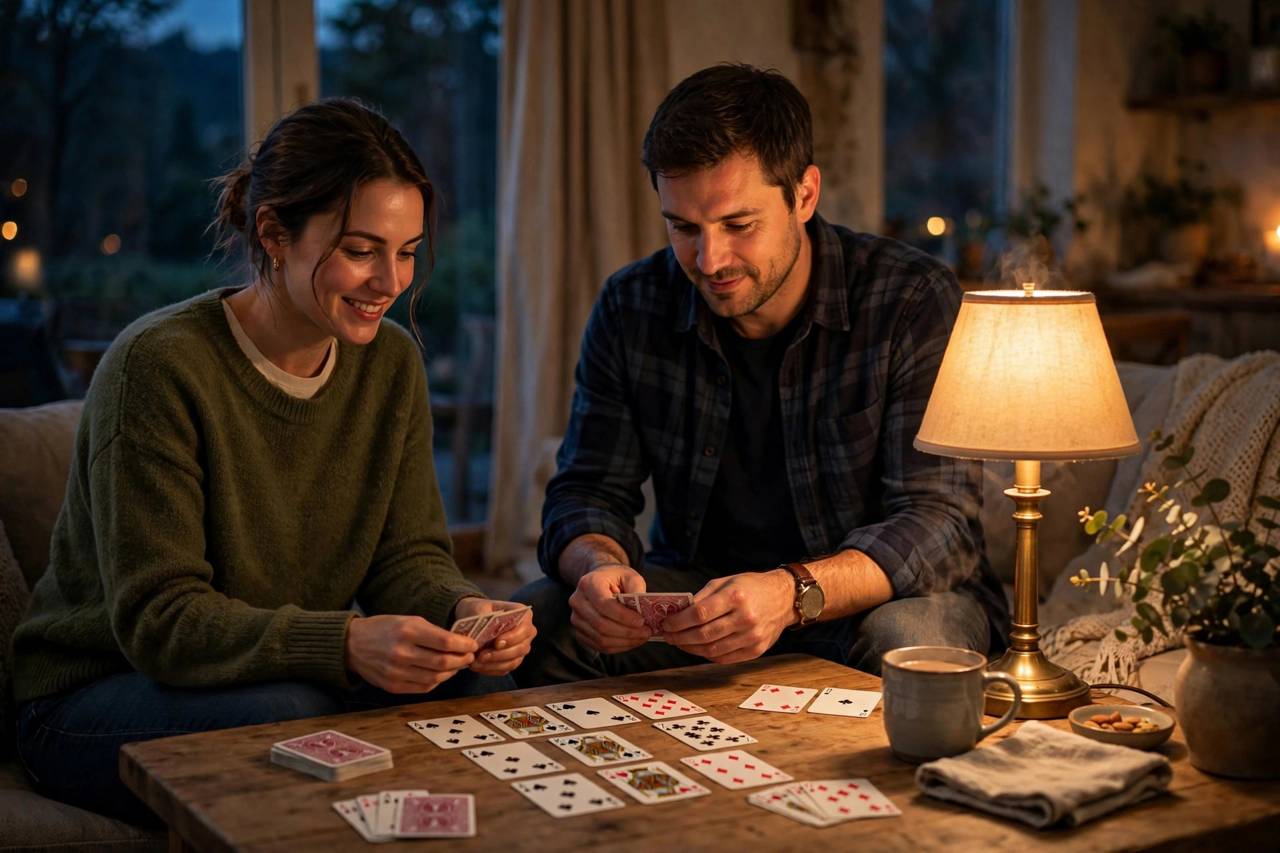 Couple playing cards by warm lamplight in the evening