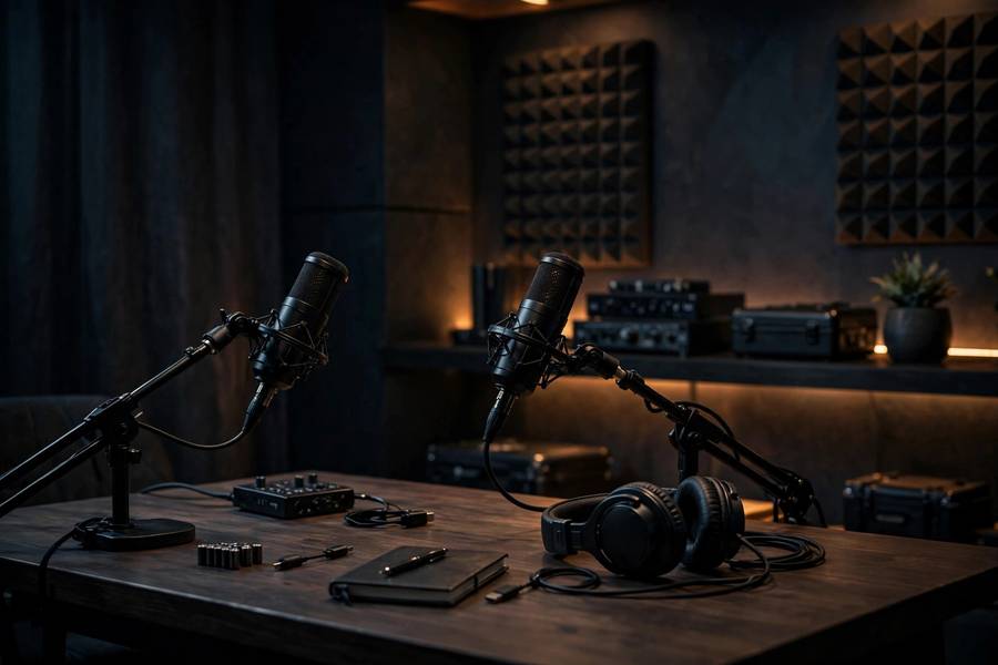 Professional podcast studio with two microphones and headphones on table, moody lighting, photorealistic