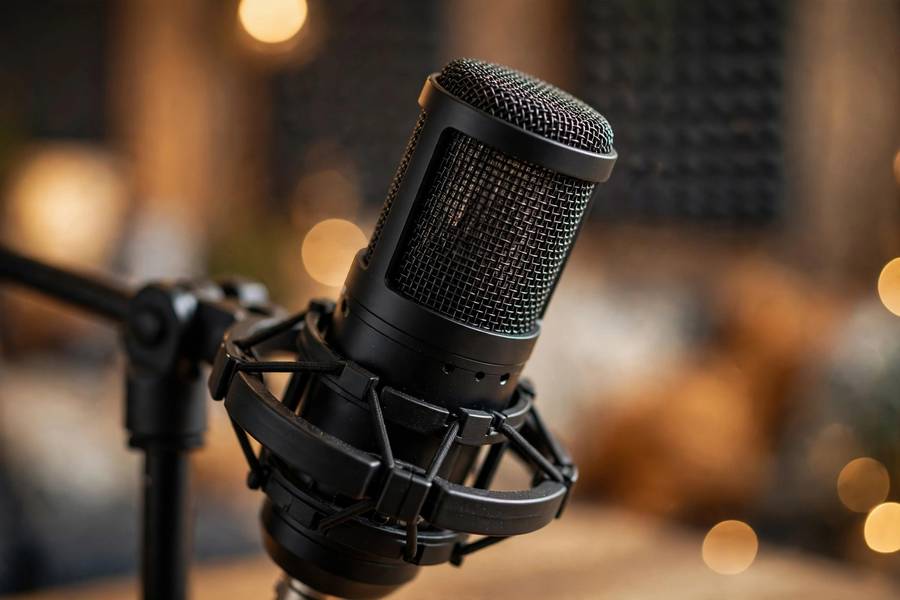 Close-up of microphone in podcast studio, shallow depth of field, warm tones, photorealistic