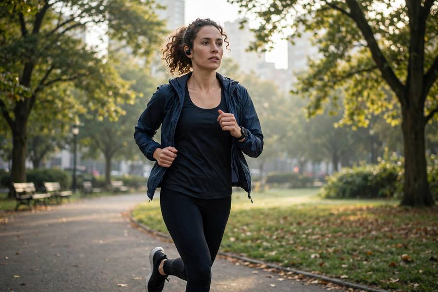 Person jogging outdoors wearing earbuds, city park morning, lifestyle photography, photorealistic