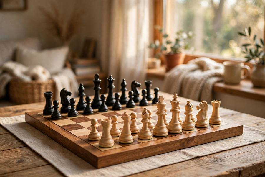 Chessboard with pieces arranged at the start of a game in warm natural light