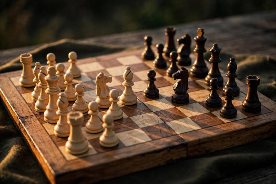 Close-up of a wooden chessboard mid-opening with white and black pieces developed in the center