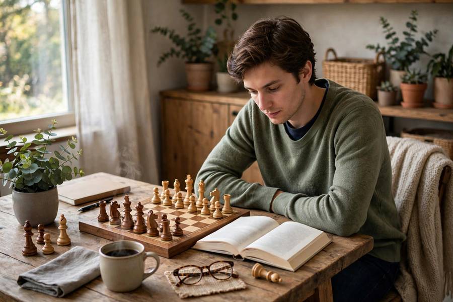 A beginner studying chess openings from a book beside a chessboard at home
