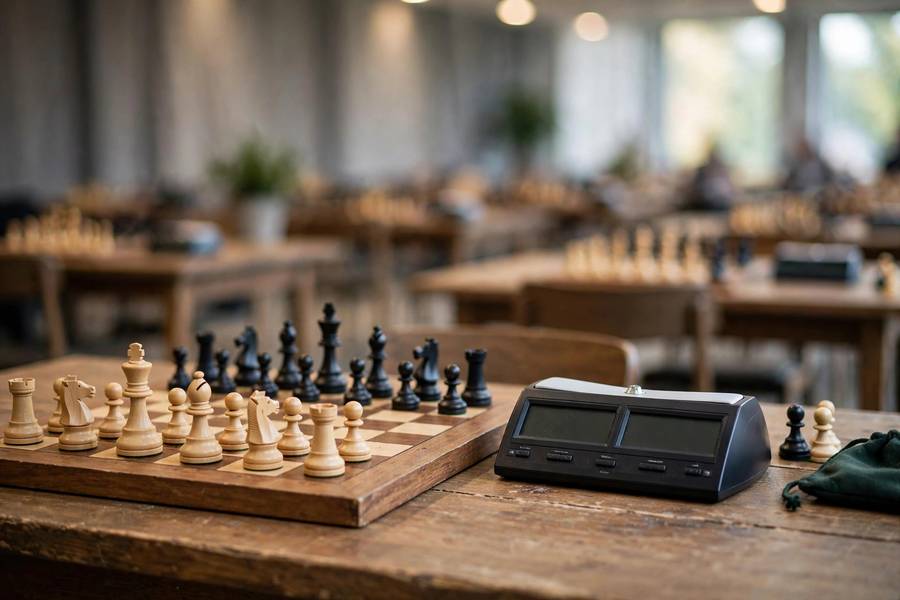 Chess clock beside a chessboard showing the middle of a timed beginner game