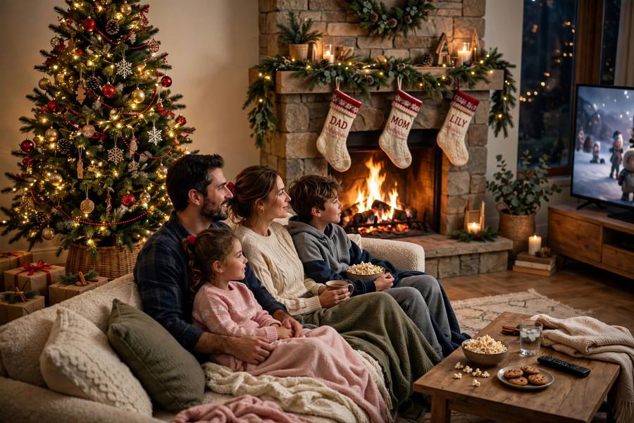 Family movie night watching the best Christmas movies by the tree