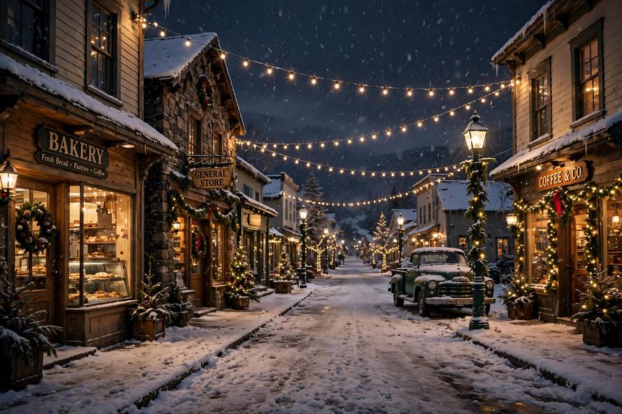 Snowy town street like the settings of the best Christmas movies