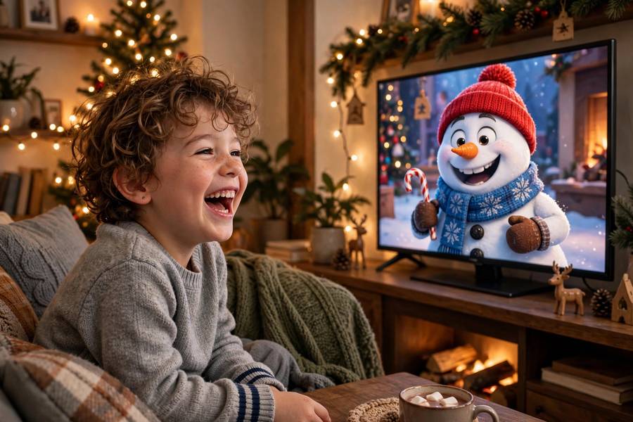 A child laughing at a funny snowman character in a holiday film