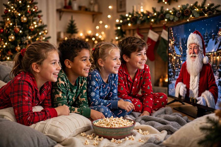 Kids gathered around a TV watching Santa Claus in a Christmas movie