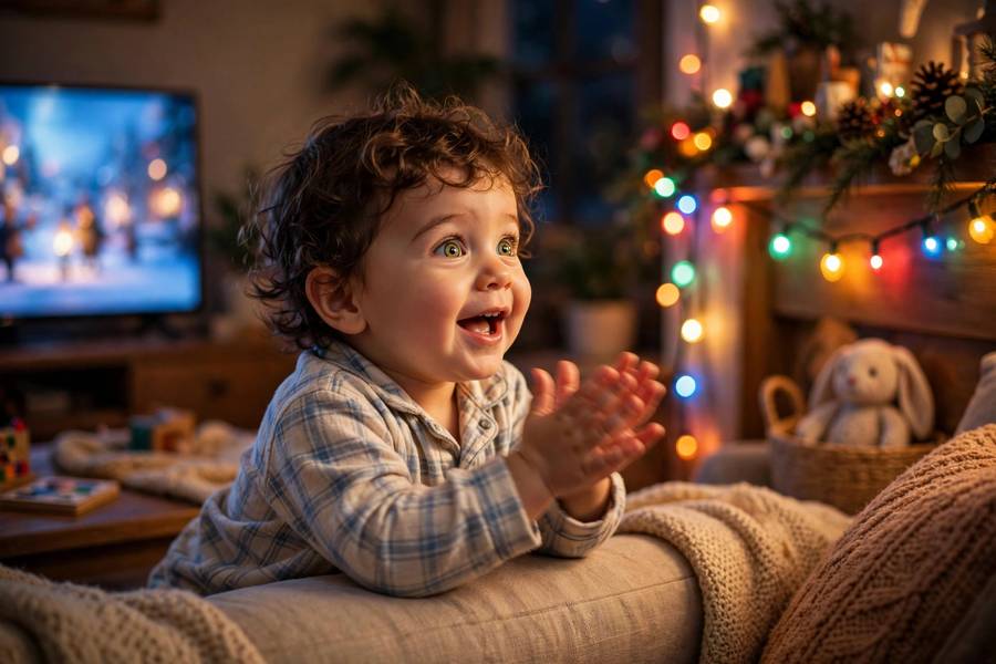 A toddler clapping with joy at colorful Christmas lights in a movie scene
