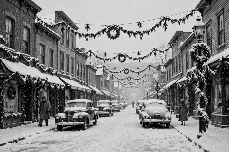 A black-and-white classic film scene of a snowy small town at Christmas