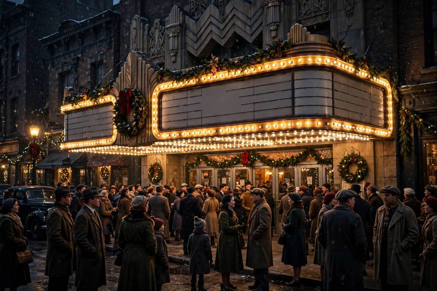 A vintage movie theater showing a classic holiday film in the 1940s