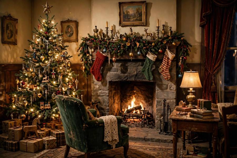 An old-fashioned Christmas living room with a tree from a classic film era